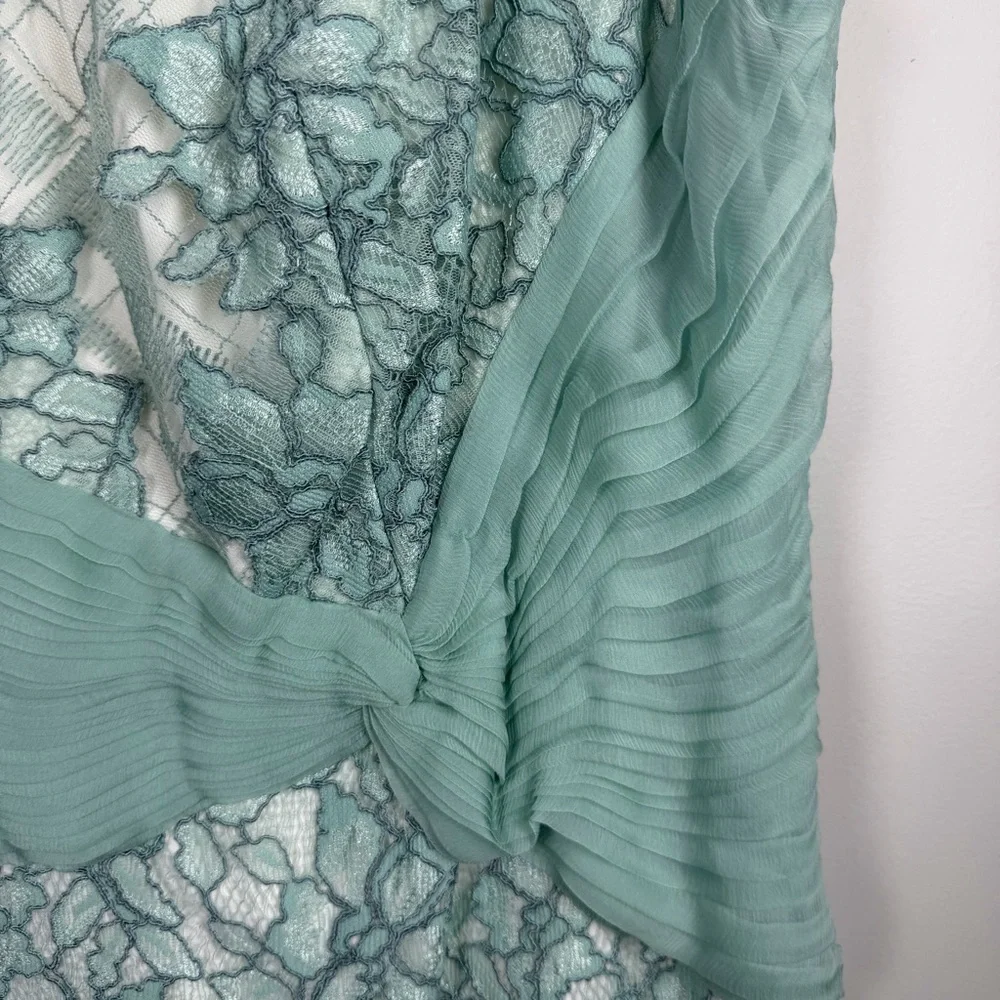 Tadashi Shoji EMBROIDERED TULLE PLEATED Lace Sheath Green Mint DRESS 18Q Easter